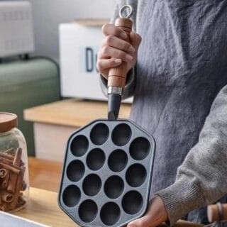 14-Cavity Cast Iron Appam Pan with Wooden Handle – Non-Stick Appe Maker for Gas Stove