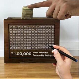 1 Lakh Savings Tracker Wooden Money Box – Medium Size, Brown, Modern Design with Marker – Flipzonia