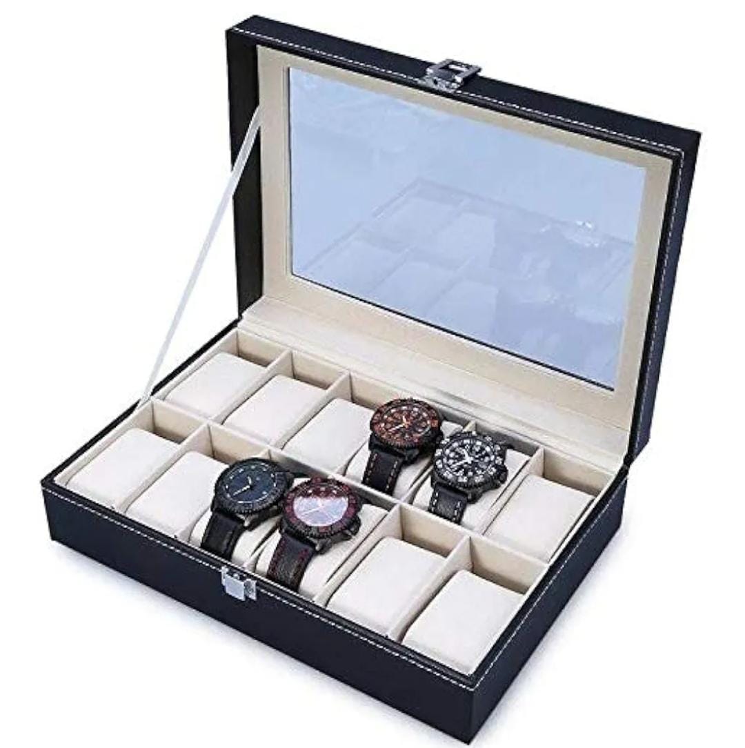 Luxury 12 Slot Watch Organizer Box with Glass Display – Premium Leather Finish