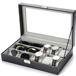 Luxury Leather Watch & Sunglass Organizer Box – 6 Watch Slots or 3 Eyewear Compartments with Glass Lid
